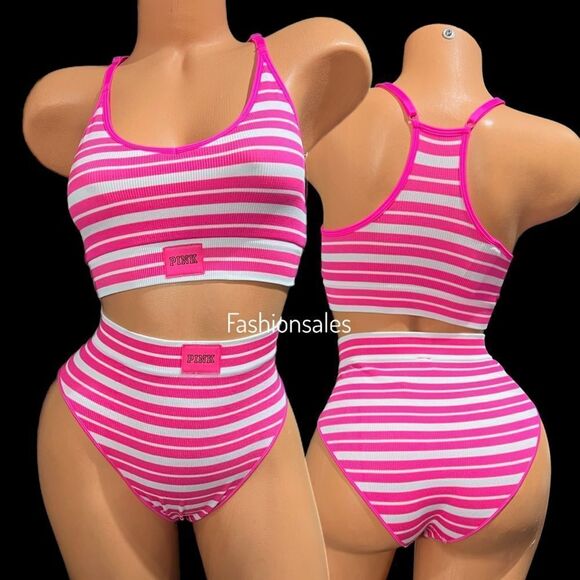 Victorias Secret Pink Active Seamless Ribbed Sport bra S & High Leg Bikini M Set - Picture 1 of 4
